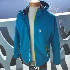 Spyder Men's Vibrant Blue Performance Leader Ski Jacket Lined Neon Green Zippers
